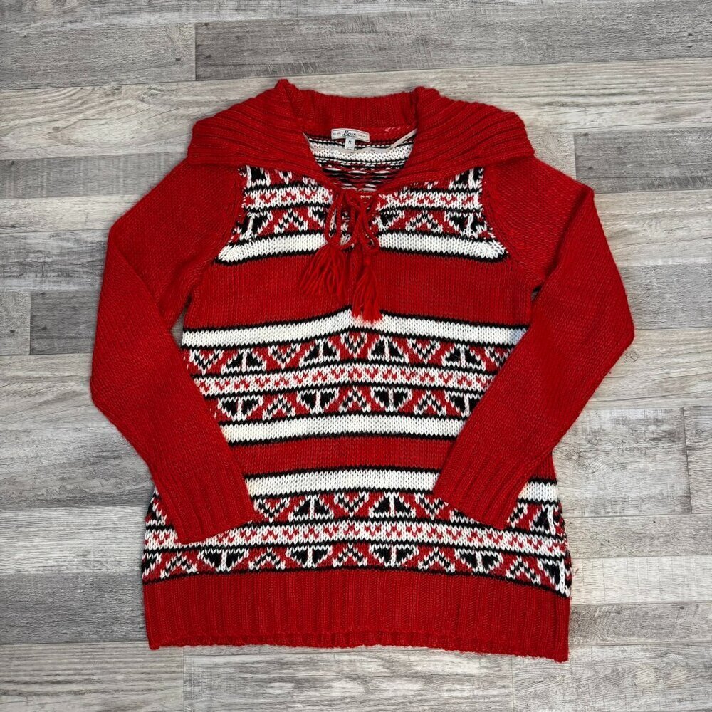 Bass Red Patterned Long Sleeve Sweater Tassel Tie D42